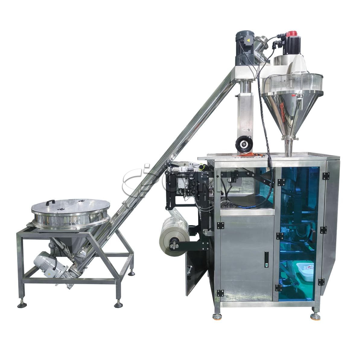 Powder packaging machine + direct push + back seal + round bucket loading